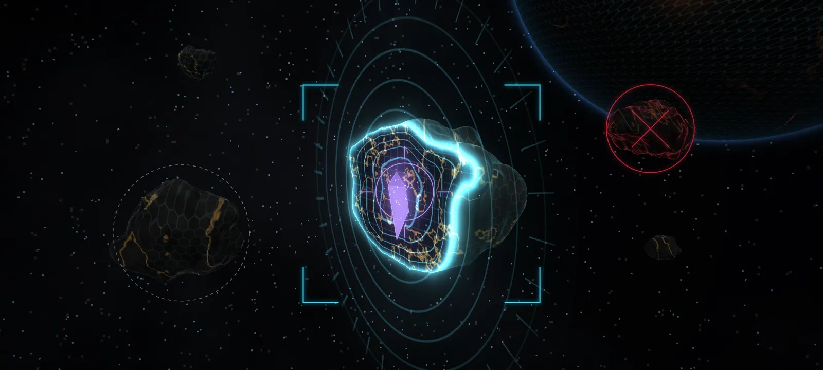 Illustration: a deep scan cutting through an asteroid to reveal a Core Fragment inside, beside a dead rock and one not yet scanned