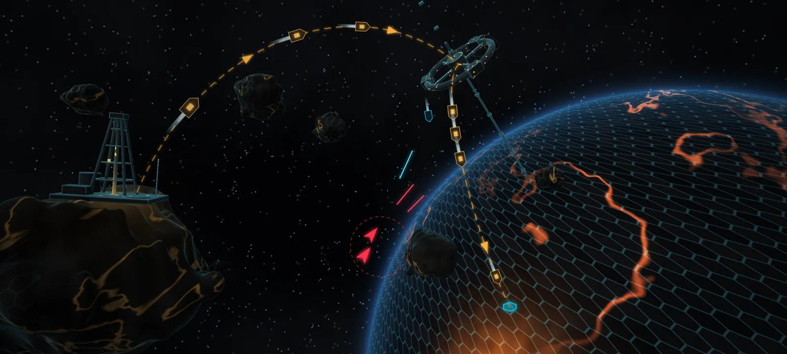 Illustration: an extractor rig on a rock of the Asteroid Field, shuttles flying its ore up to a Field Station on its tether and down a shipping lane to a plot on Aetheris, with raiders lying in wait