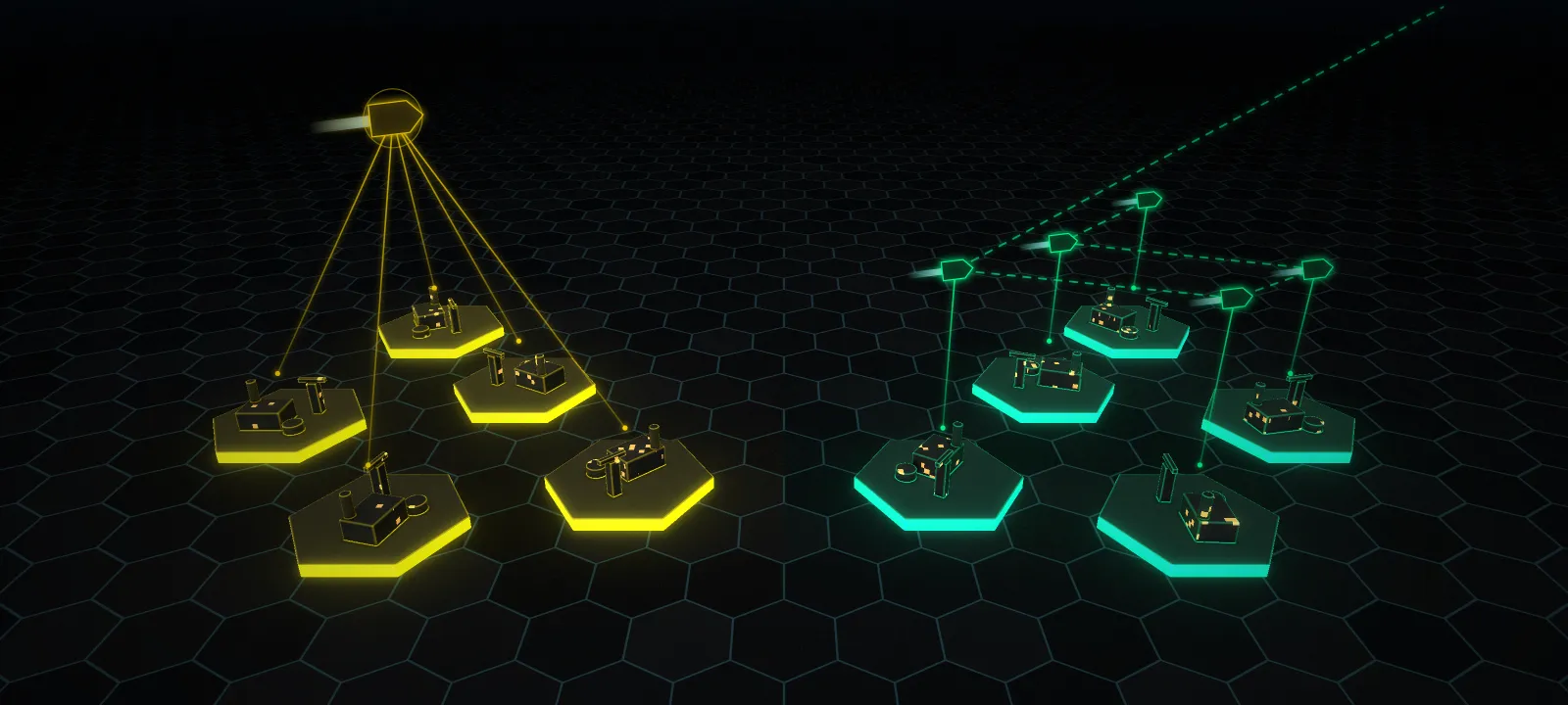 Illustration: the same ten plots run two ways. On the left one Magnate's craft commands five plots alone; on the right five Syndicate members each run one plot and share a convoy