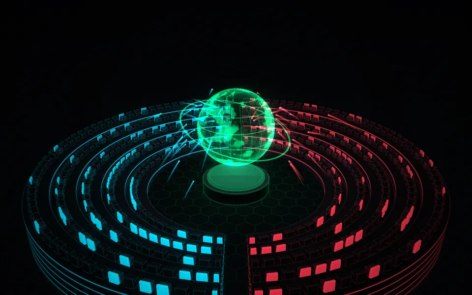 Illustration: the Nexus DACI chamber, the Land House and the Commander House facing a hologram of Aetheris