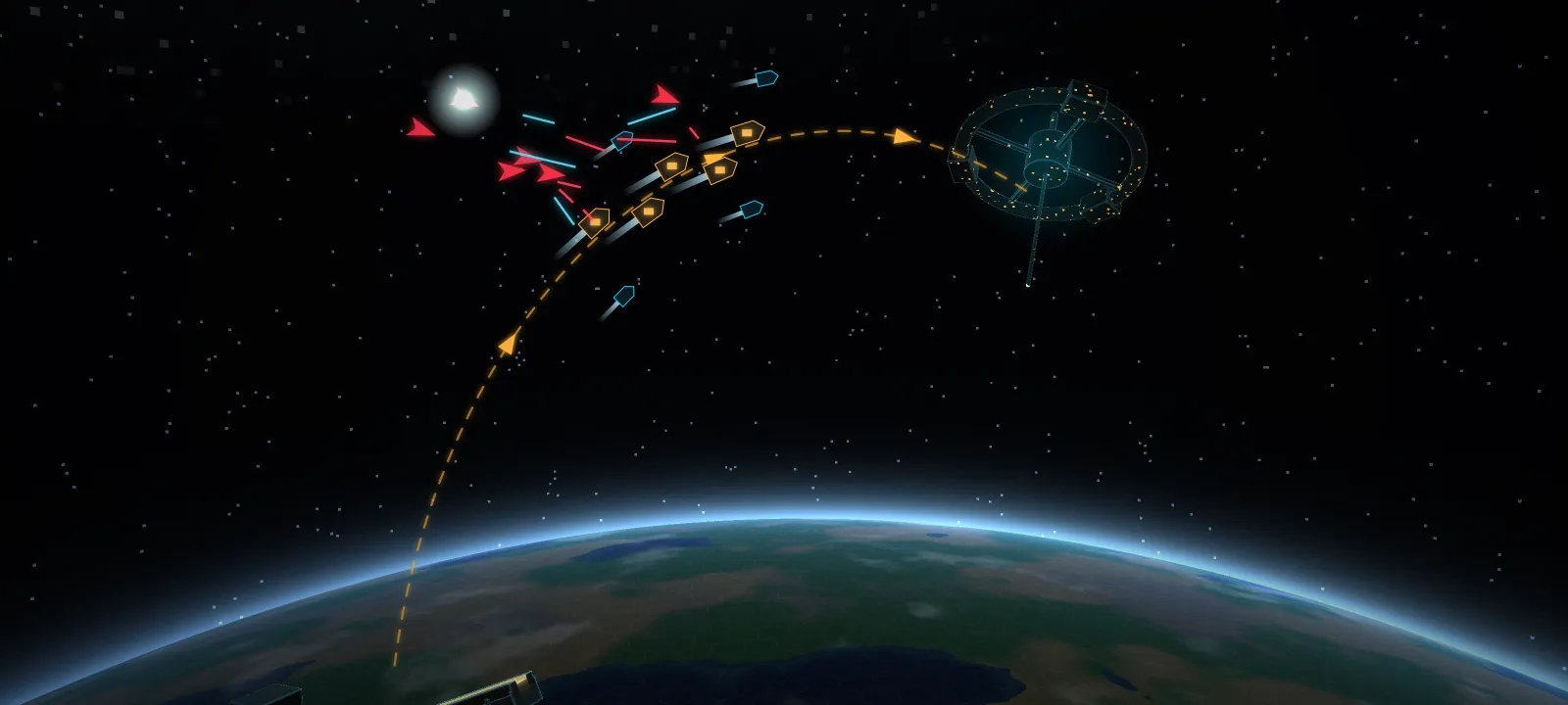 Illustration: a convoy of ore haulers climbing the transfer orbit from Sanctaris to a Field Station, escorts fighting off Concord interceptors