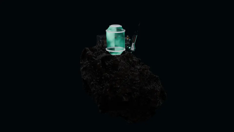 コンセプトレンダー：頂上に光るモジュール1基とビーコンマストを載せた暗い小惑星