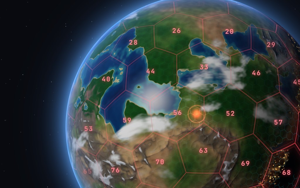 Illustration: Sanctaris from orbit, its continents divided into numbered server shards, a Pop-Up Mine flaring